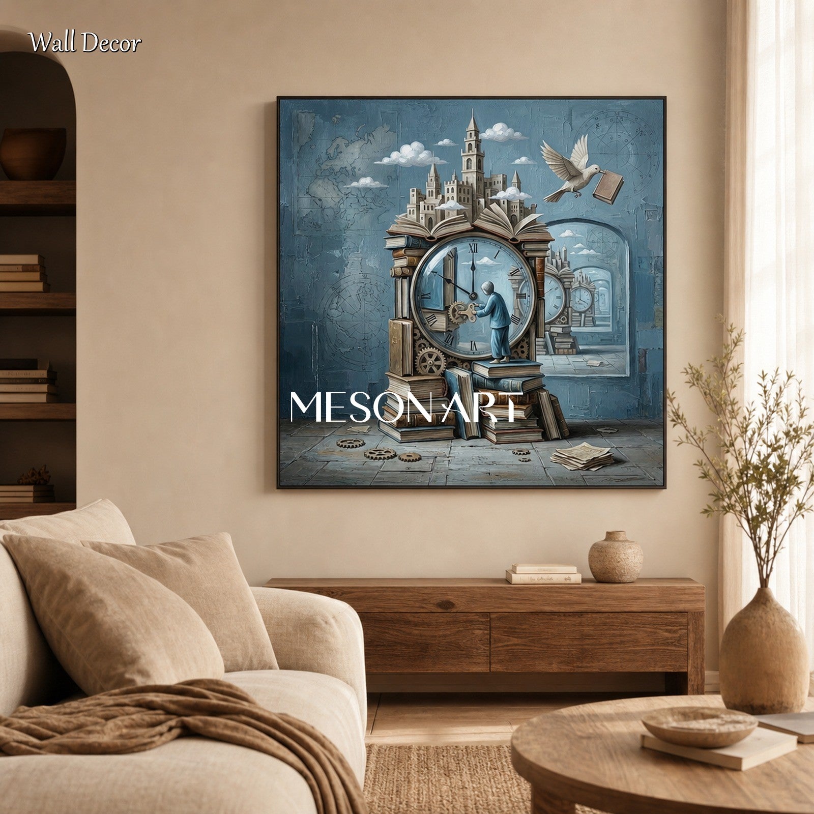 Surrealist Clock Painting With Books For Home Office And Study