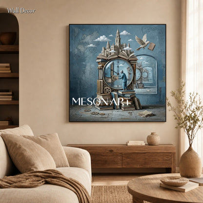 Surrealist Clock Painting With Books For Home Office And Study