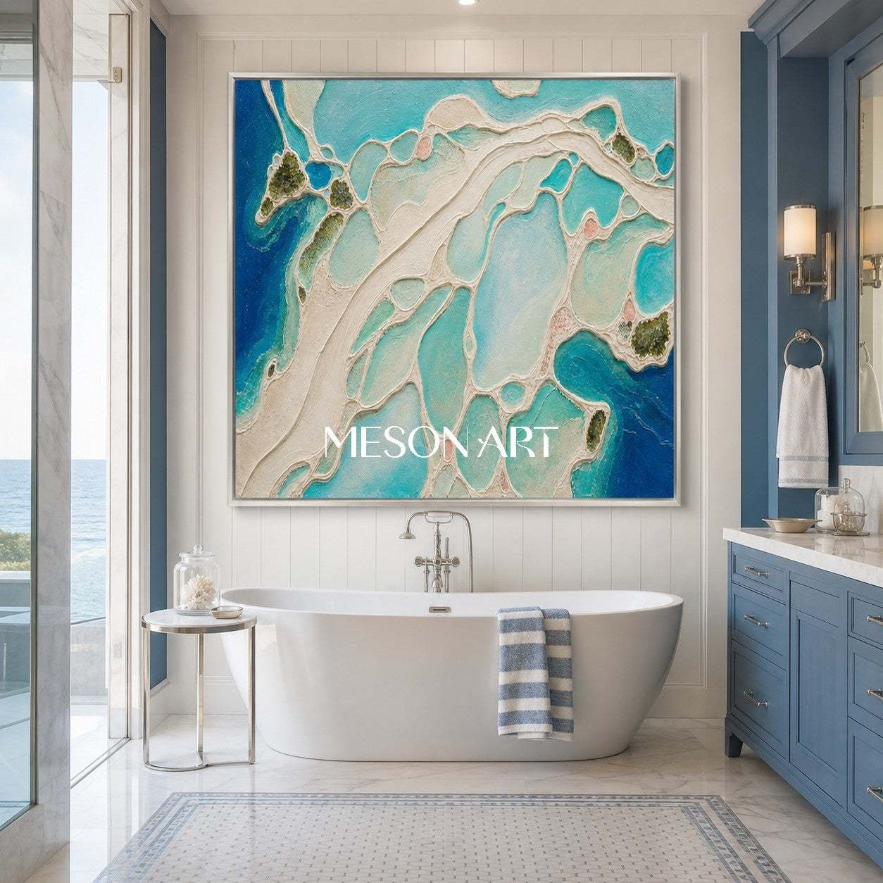 Abstract Ocean Art With Textured Relief For Coastal Living Room Decor
