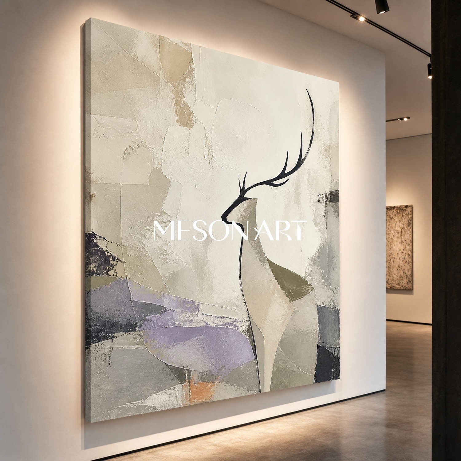 Minimalist Deer Abstract Canvas Art With Textured Beige Grey Tones For Living Room Bedroom Decor
