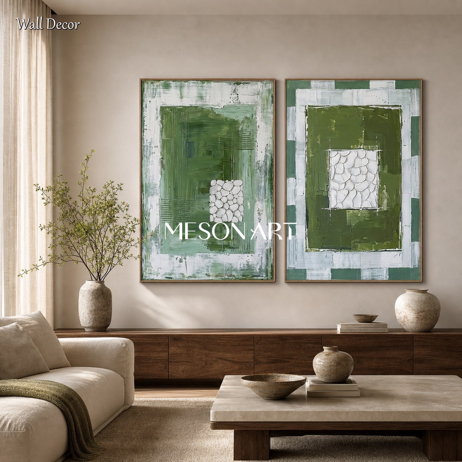 Green And White Minimalist Abstract Art Diptych For Modern Home Decor