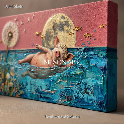 Pink And Blue Swimming Athlete Surrealist Painting Panoramic Wall Art Original Artist By Mesonart