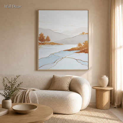 Luxury Textured Lake Mountain Painting In Gold And White For Modern Home Decor