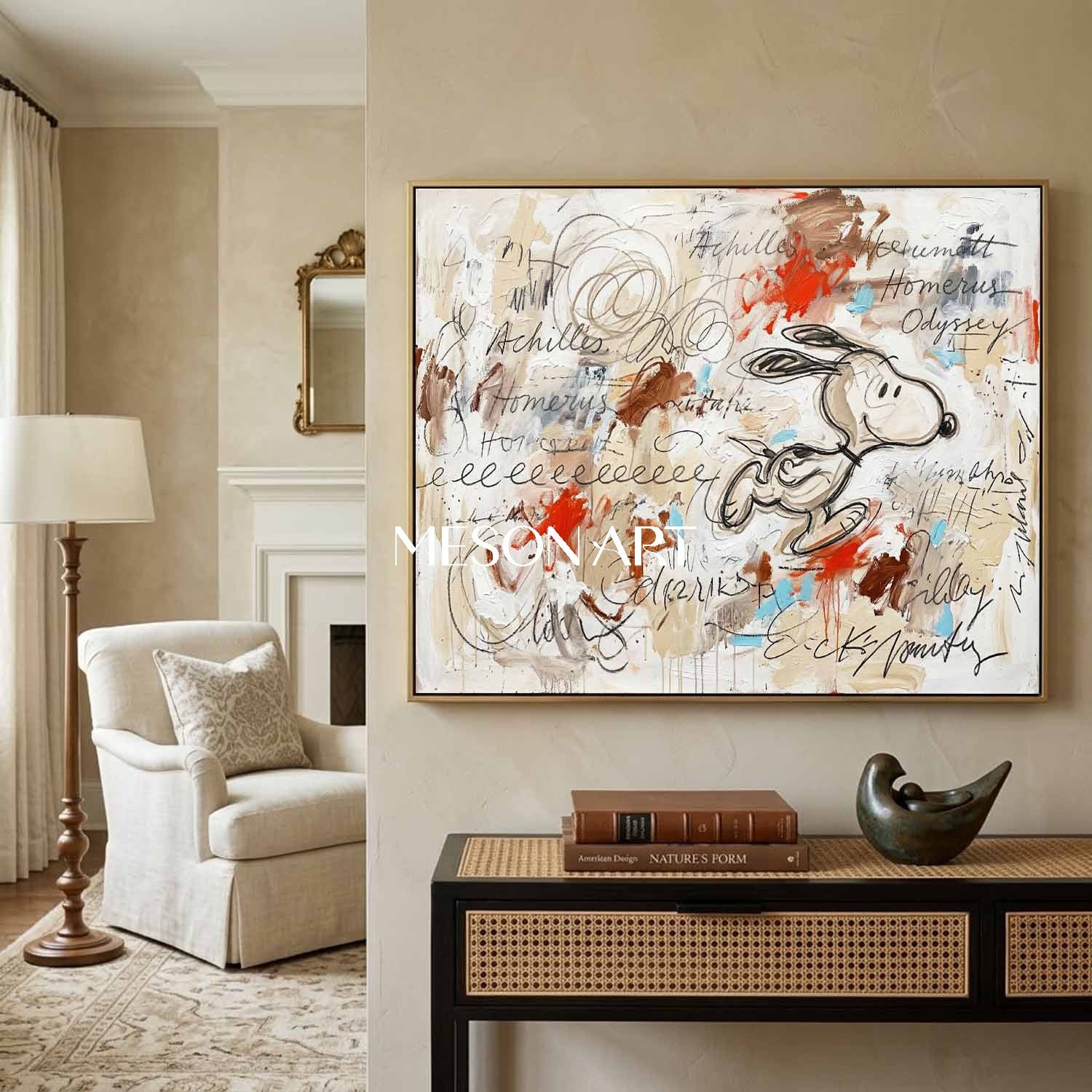 Original Pop Art Oil Painting Achilles Snoopy Framed Canvas Bedroom