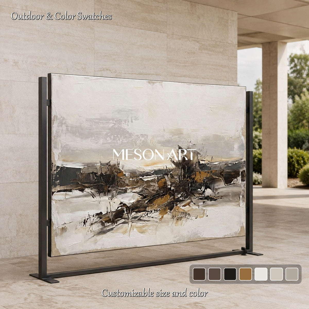 Beige And Black Abstract Landscape Painting Rectangular Wall Art Neutral Framed By Mesonart