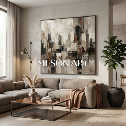 Abstract City Skyline Painting With Plaster Texture For Industrial Loft Decor