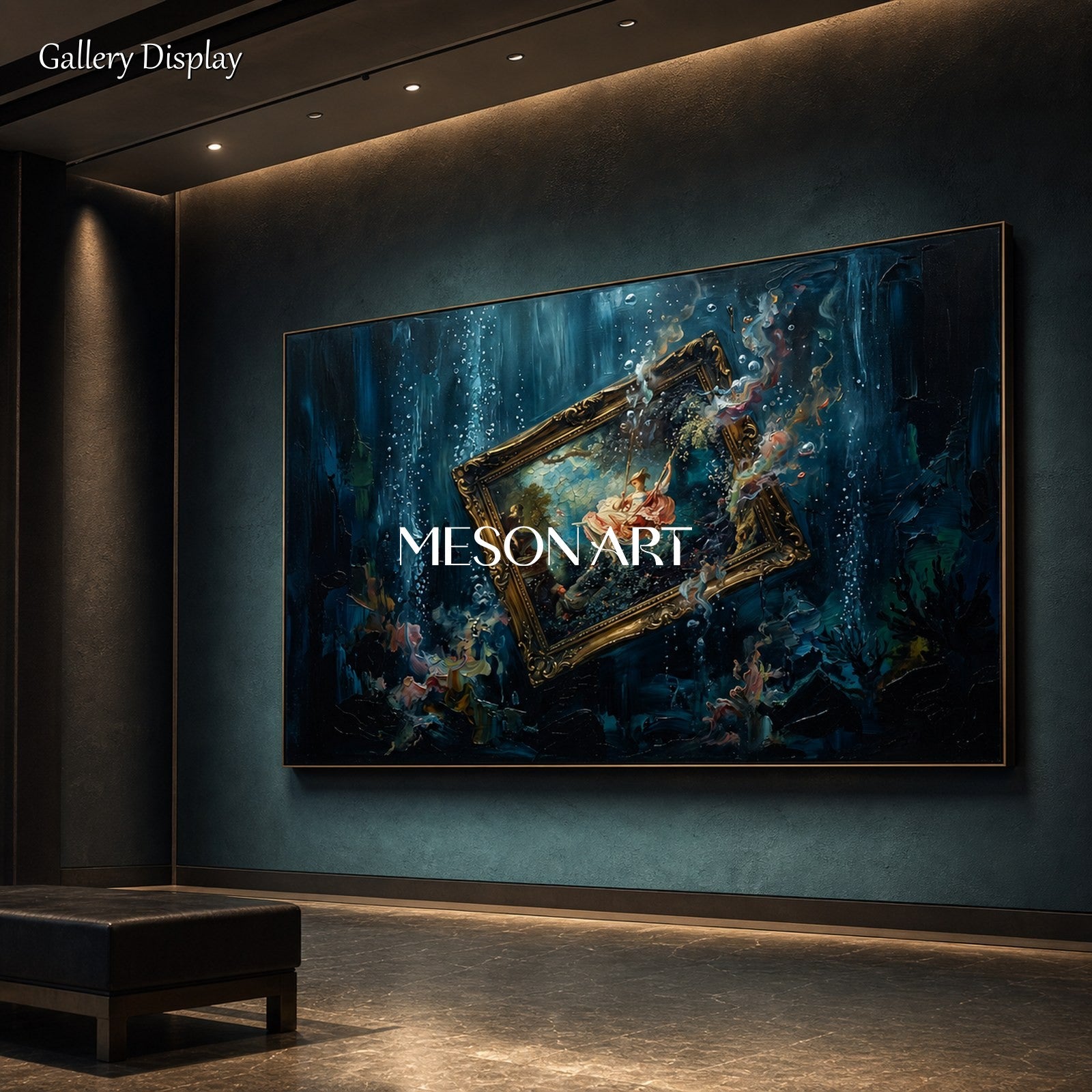 Blue And Gold Surrealism Art Contemporary Symbolic Painting Rectangular Wall Decor For Living Room By Mesonart