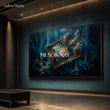 Blue And Gold Surrealism Art Contemporary Symbolic Painting Rectangular Wall Decor For Living Room By Mesonart