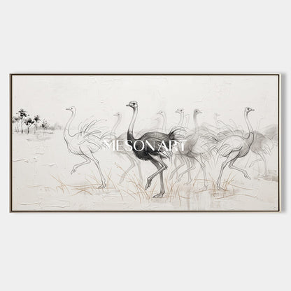 White And Black Ostrich Minimalist Painting Original Artist Panoramic Wall Art For Living Room By Mesonart