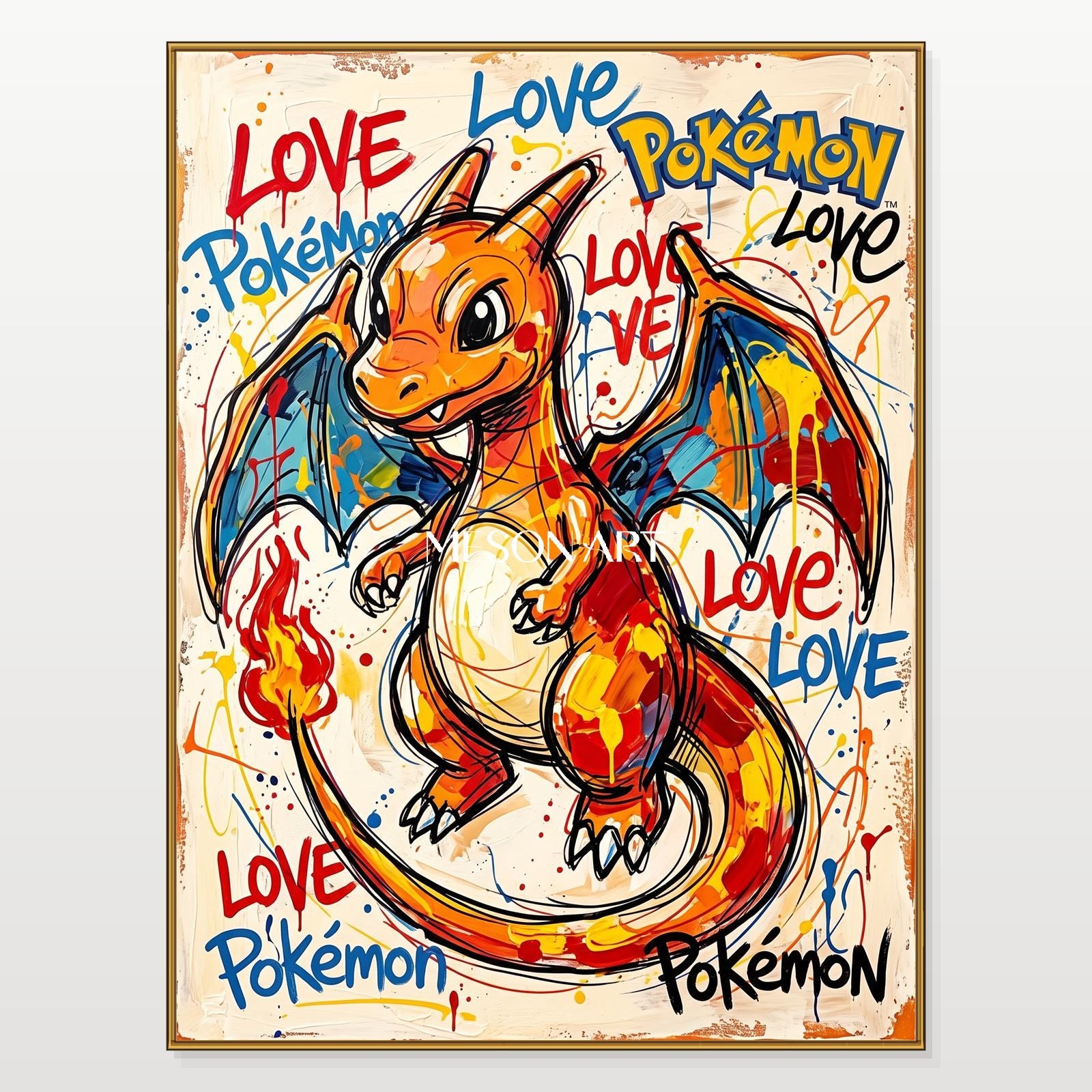 オレンジとブルーのポケモン「リザードン」の絵画 ハイプビースト