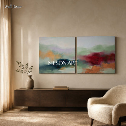 Green And Orange Abstract Landscape Painting Square Wall Art Modern Contemporary Original Artist By Mesonart