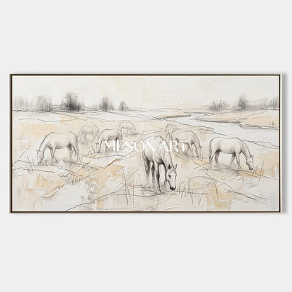 Beige And White Horses Grazing Minimalist Painting Original Artist Panoramic Wall Art For Living Room By Mesonart