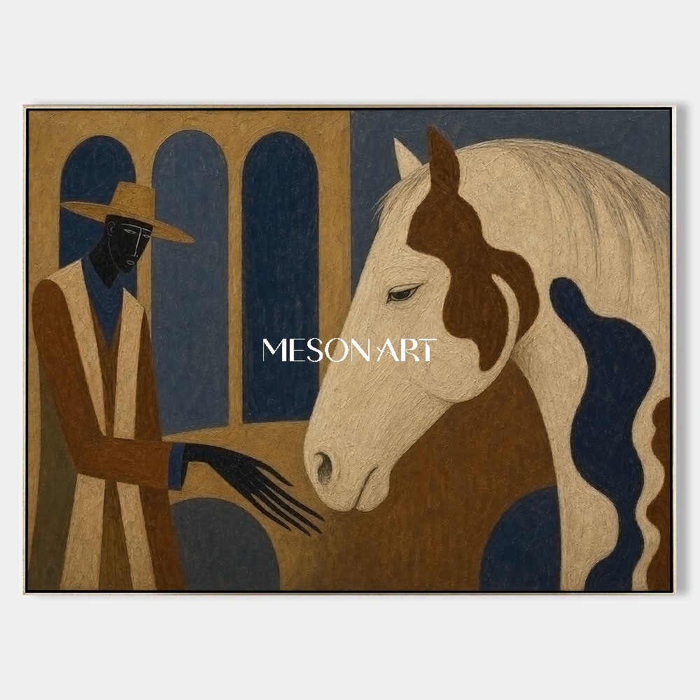 Art Deco Cowboy And Horse Painting For Living Room Decor