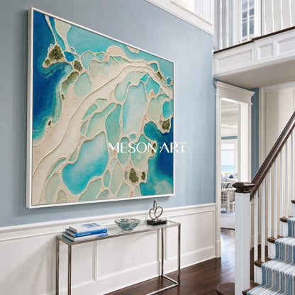 Abstract Ocean Art With Textured Relief For Coastal Living Room Decor