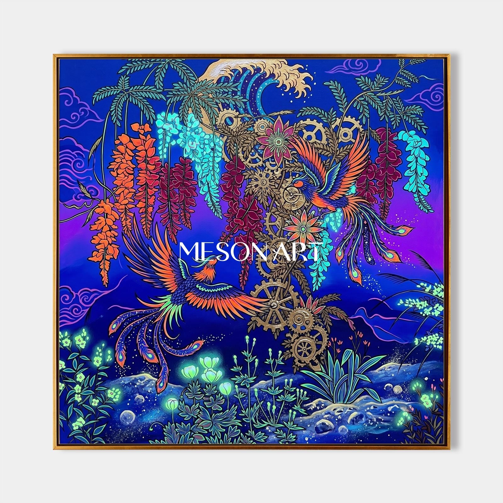 Steampunk Phoenix Art Print With Golden Gears And Glowing Flowers For Living Room Wall Decor