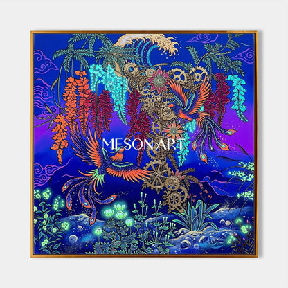 Steampunk Phoenix Art Print With Golden Gears And Glowing Flowers For Living Room Wall Decor