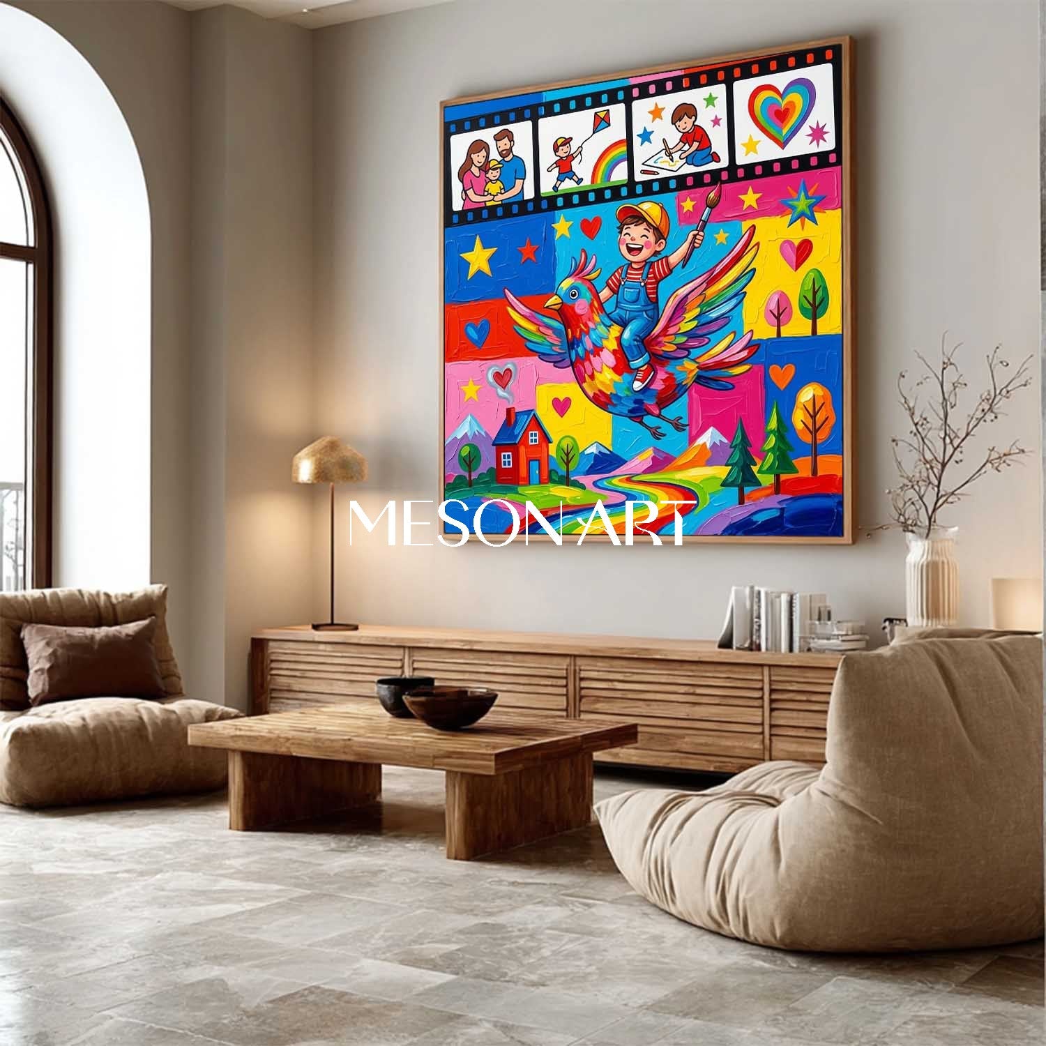 Happy Family Graffiti Art For Kids Room With Colorful Cartoon Bird Painting