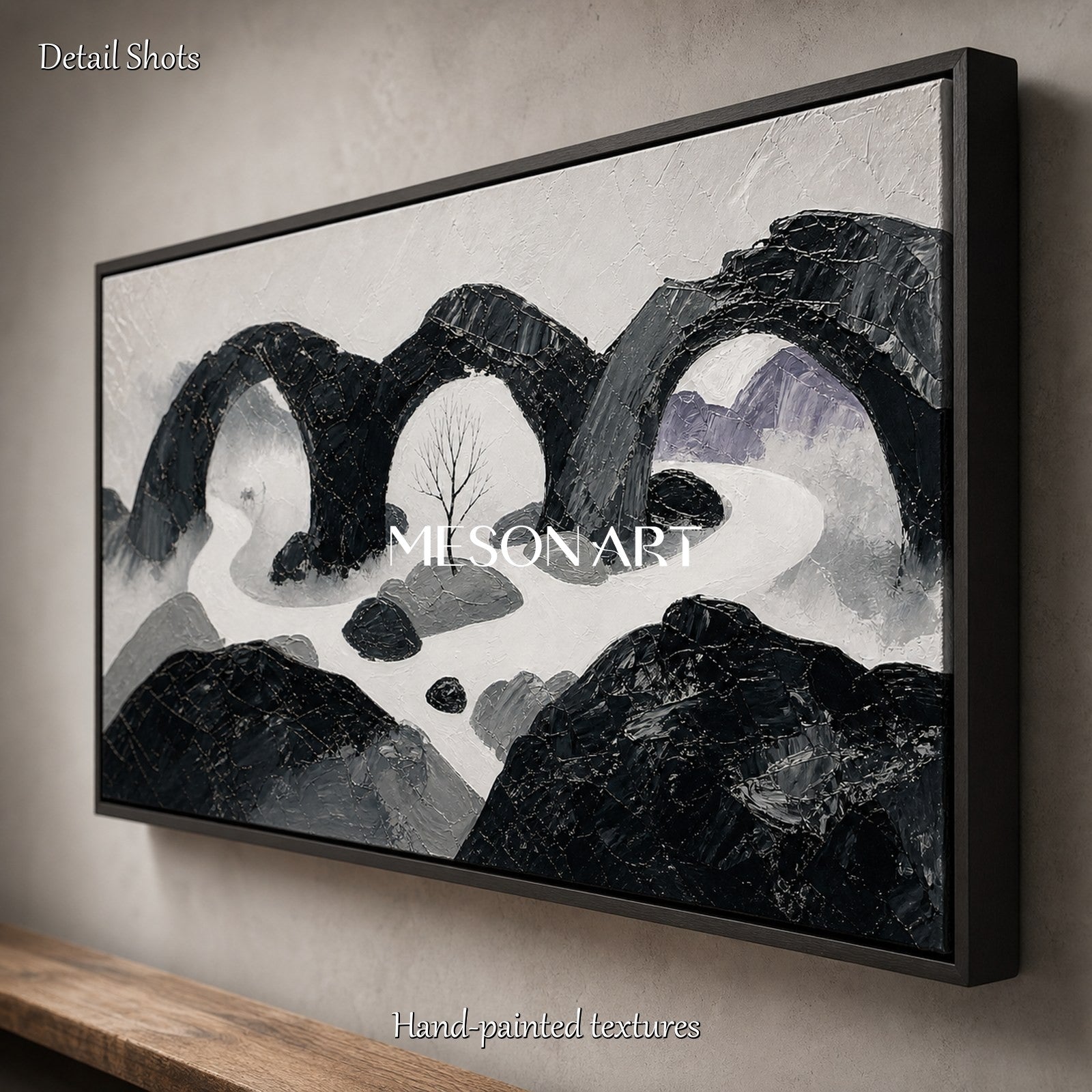 Art Deco Black And White Abstract Landscape Painting With Textured Relief For Living Room And Office