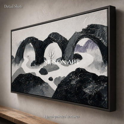 Art Deco Black And White Abstract Landscape Painting With Textured Relief For Living Room And Office