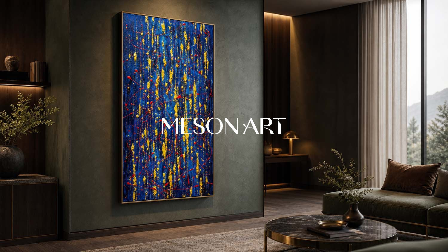 Blue And Gold Abstract Painting For Sale Inspired By Pollock Action Art