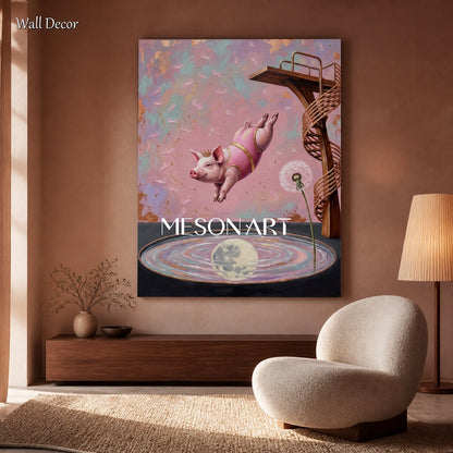 Pink And Gold Surrealist Art Diver Painting Rectangular Wall Decor For Living Room By Mesonart