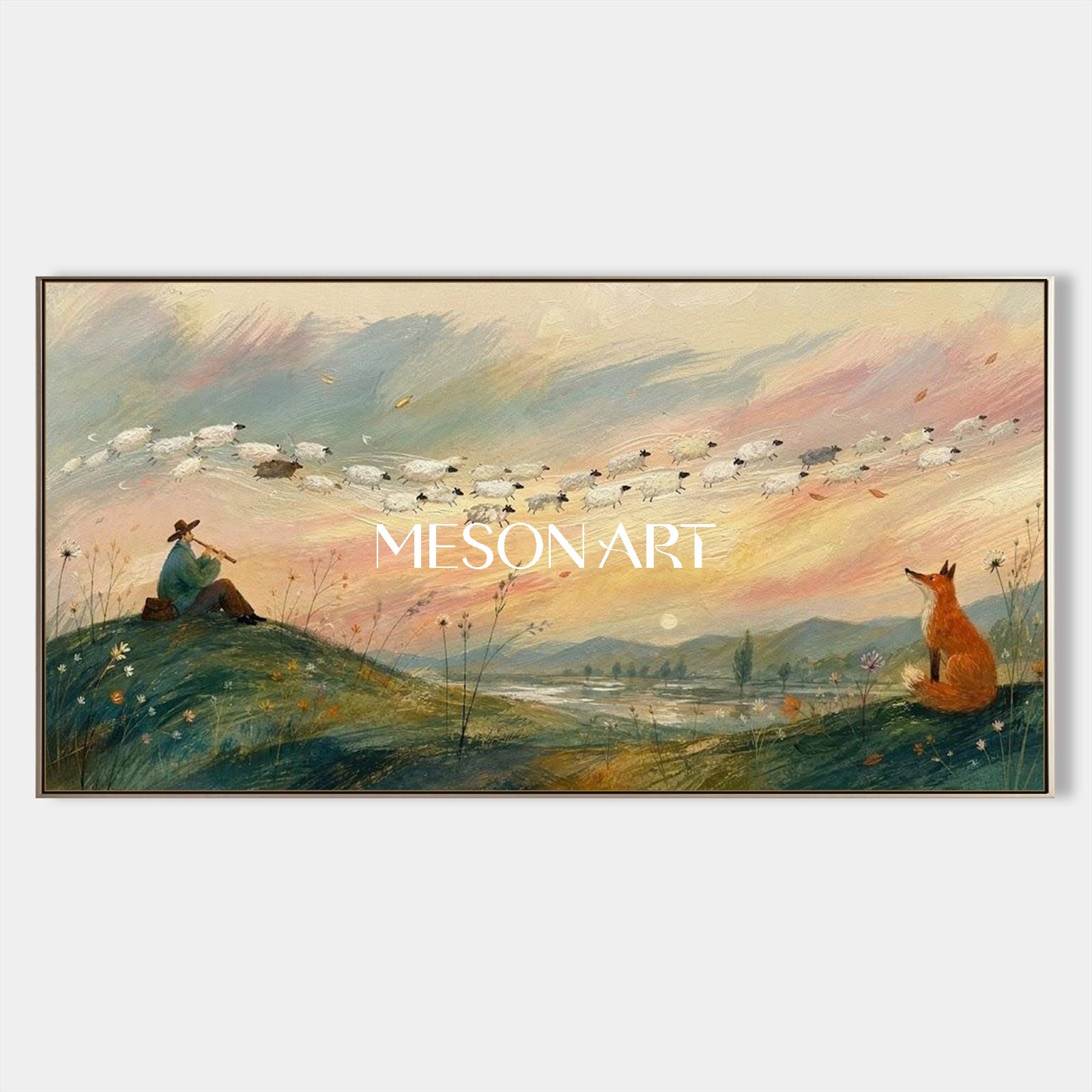 Green And Orange Surreal Painting With Shepherd Sheep Fox Rectangular Wall Art For Living Room Original Artist By Mesonart