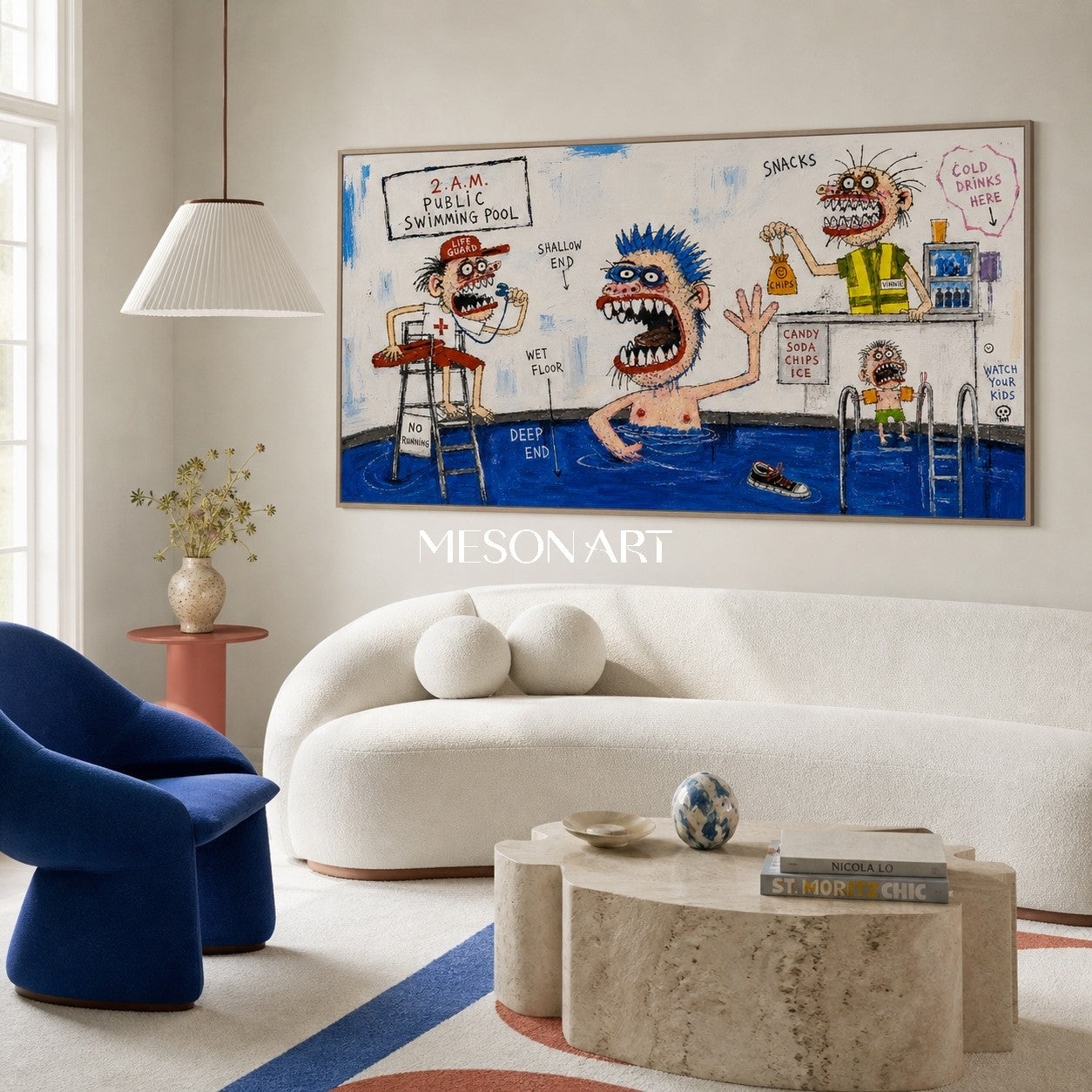 Blue And White Graffiti Cartoon Swimming Pool Art Panoramic Original Artist Hand Painted By Mesonart