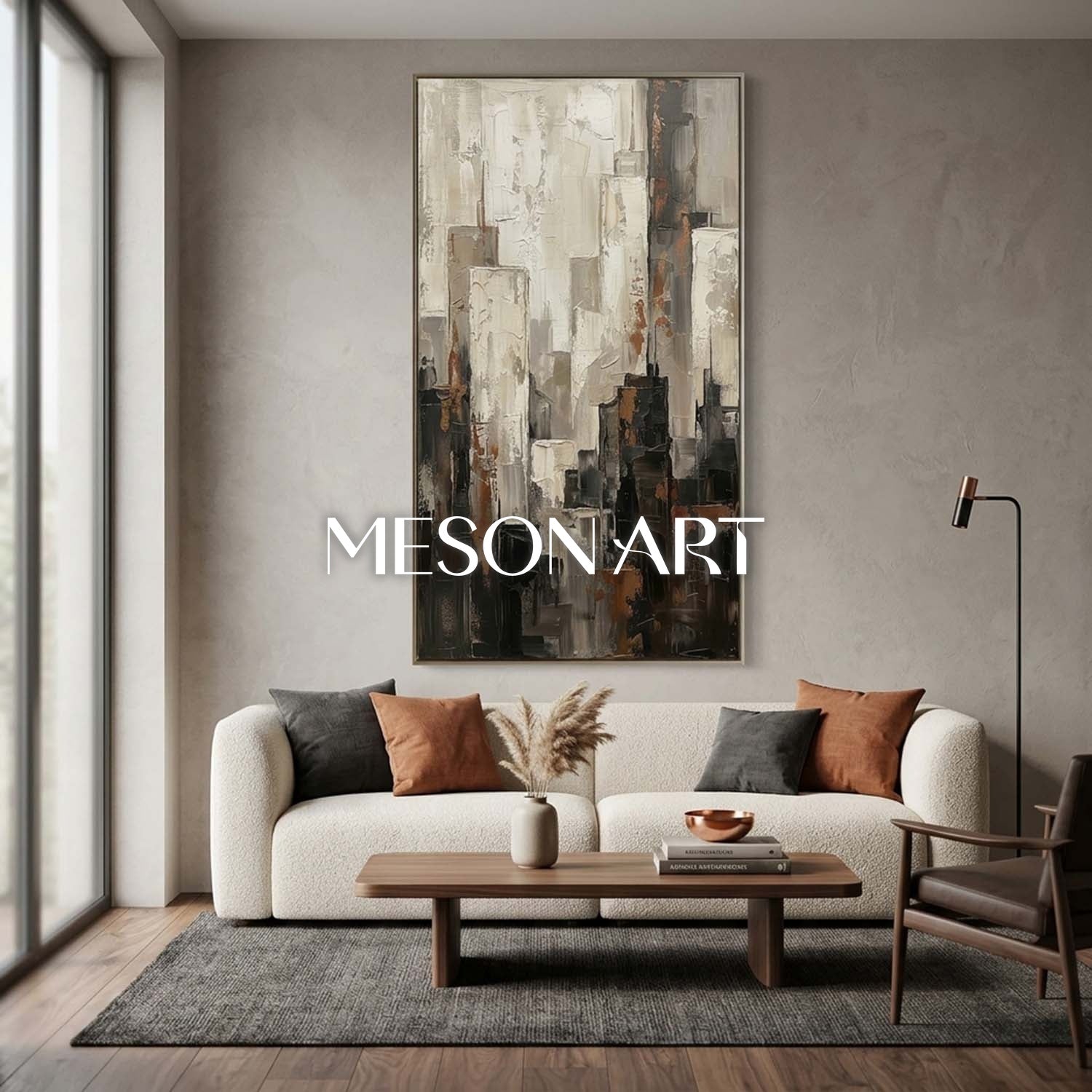Abstract City Painting With Plaster Texture For Industrial Loft Living Room Decor