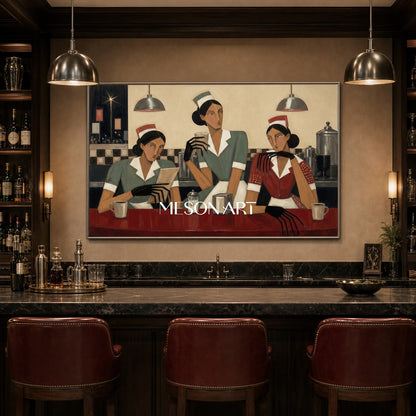 Art Deco Figurative Painting With Geometric People For Modern Living Room And Dining Room Decor