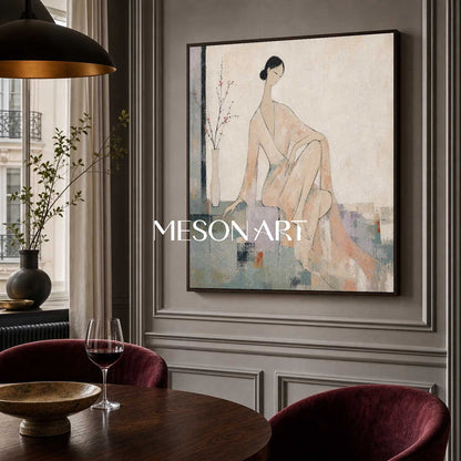 Minimalist Female Portrait Painting In Beige And Gray For Modern Bedroom Decor