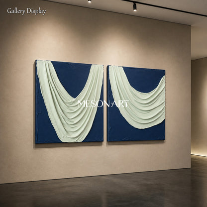Blue And White Sculptural 3D Textured Organic Modern Wall Art Square Canvas By Mesonart