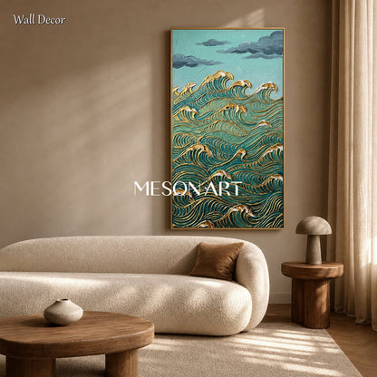 Large Gold Wave Painting With Teal Textured Relief For Art Deco Entryway And Living Room Decor