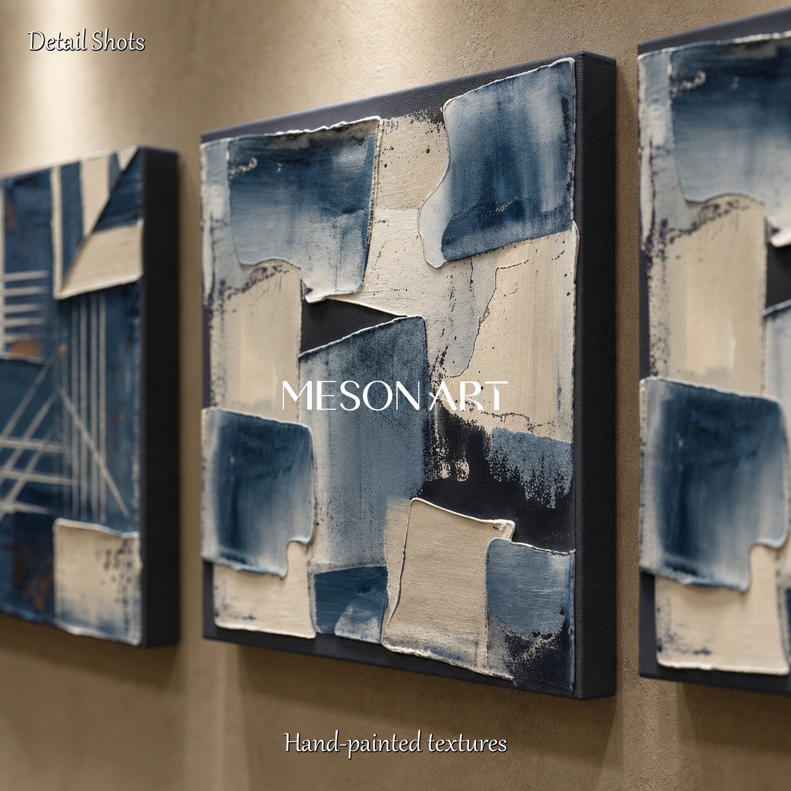 Blue Abstract Art Triptych With Textured Brushwork For Wabi Sabi Home Decor
