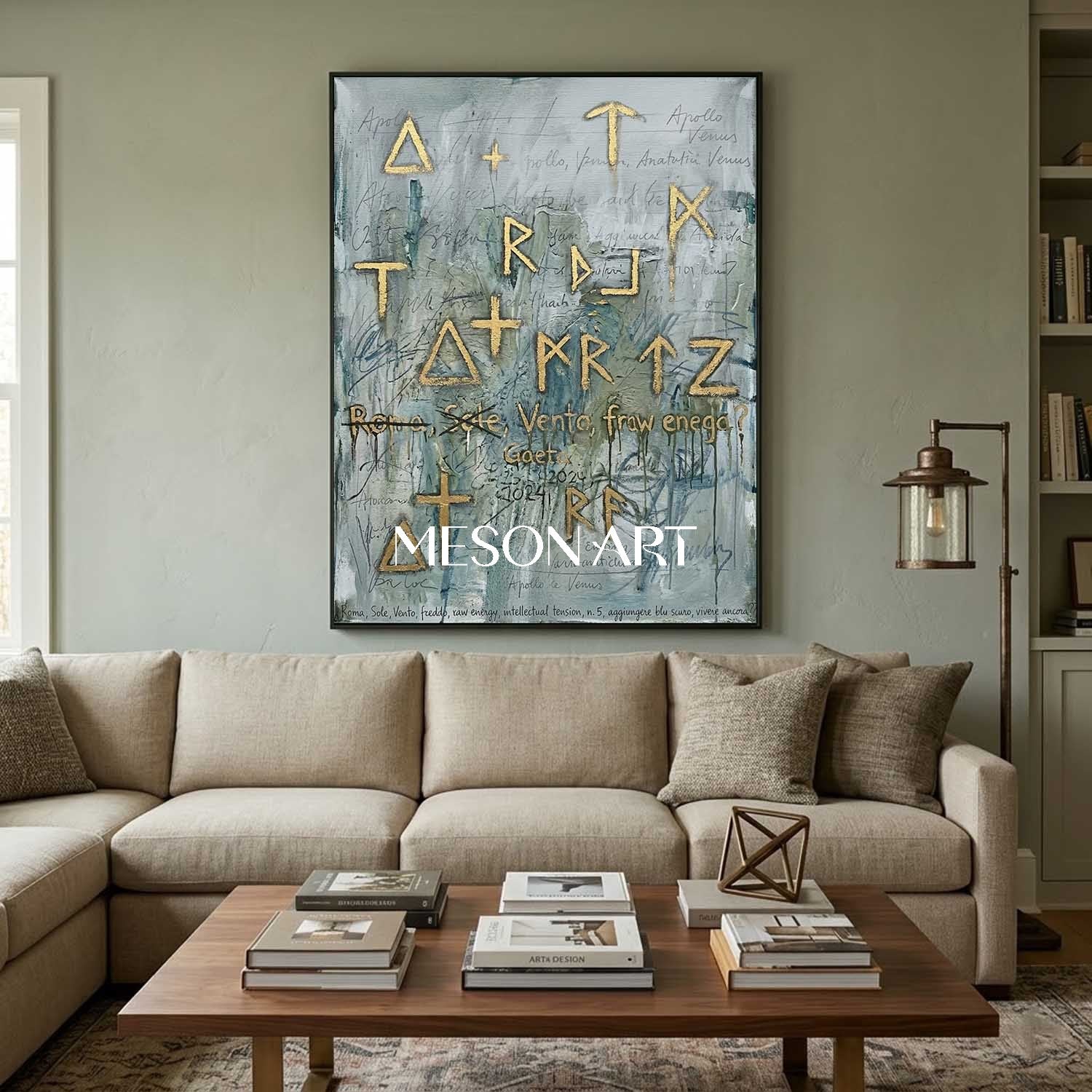 Gray-Green Neo Expressionist Art Statement Framed Canvas Living Room