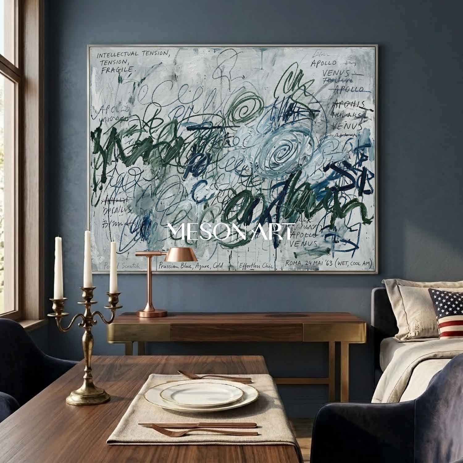 Original Prussian Blue Abstract Painting Large Scribble Art Statement