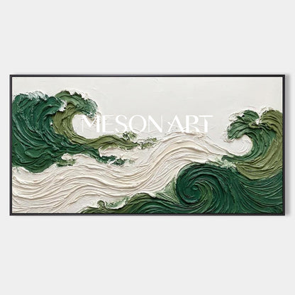 Large Abstract Green Beach Painting Panoramic Green Waves Bedroom Wall Decor Art