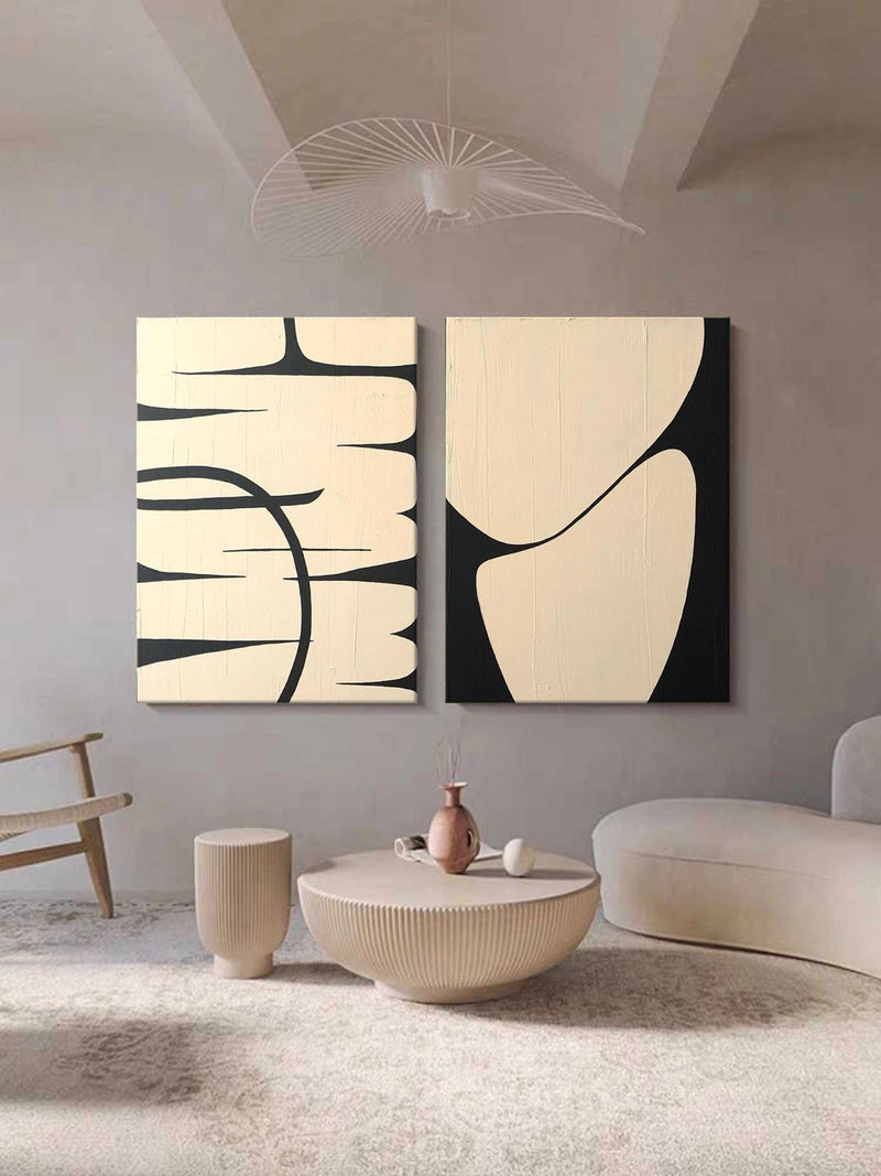 Beige And Black Canvas Painting Set Of 2 Minimal Art on Canvas For Sale Wabi Sabi Wall Art Decor