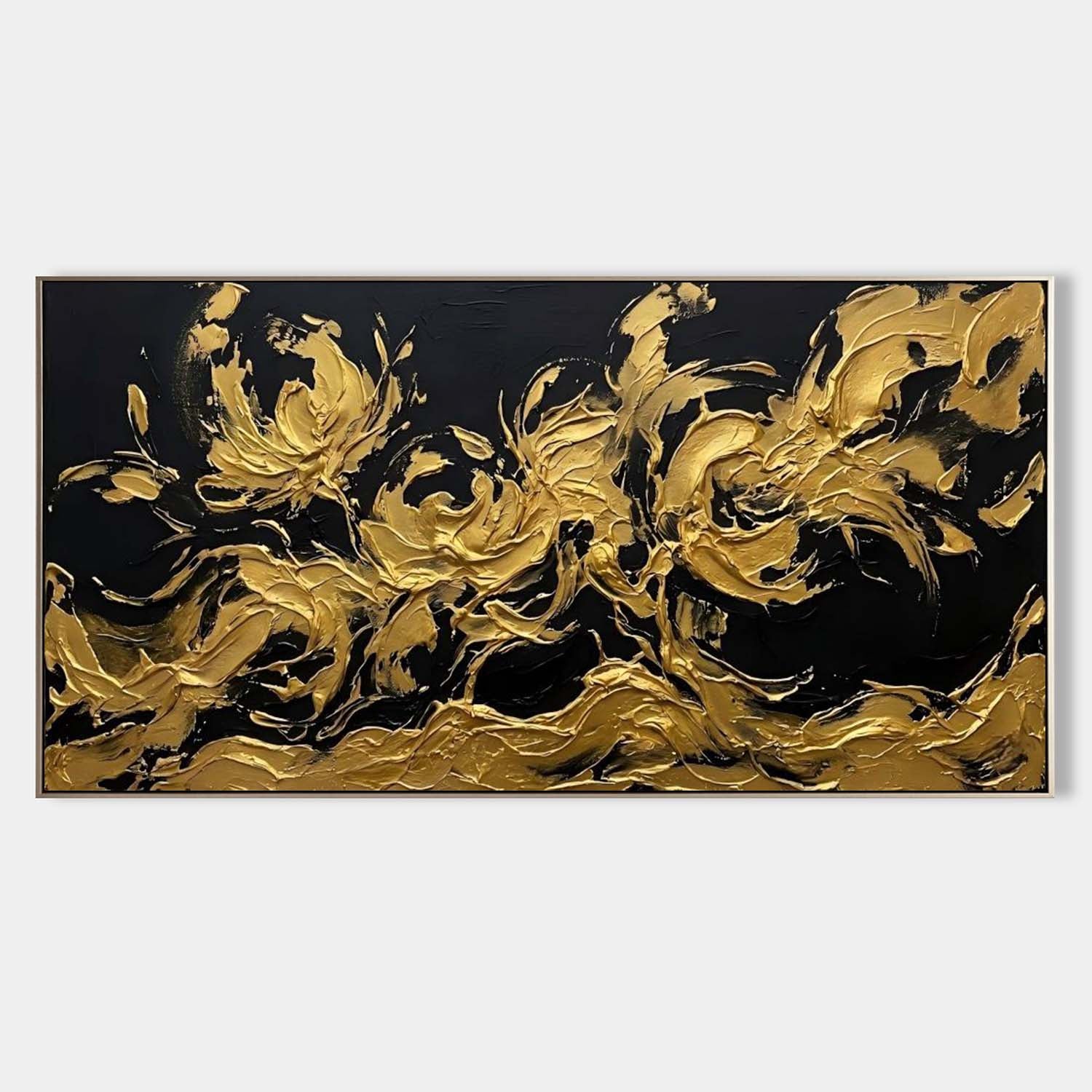 Panoramic Black And Gold Abstract Flower Art 3D Abstract Texture Decor