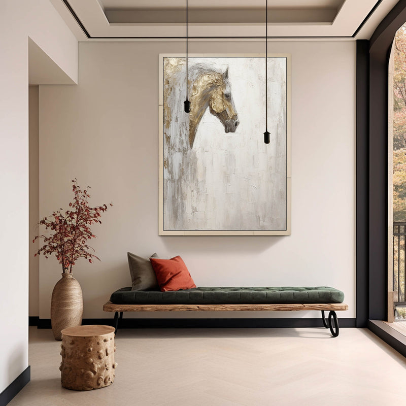 Large Horse Texture Painting Gold and Gray Horse Canvas Art Wabi-Sabi Wall Art Horse Oil Painting