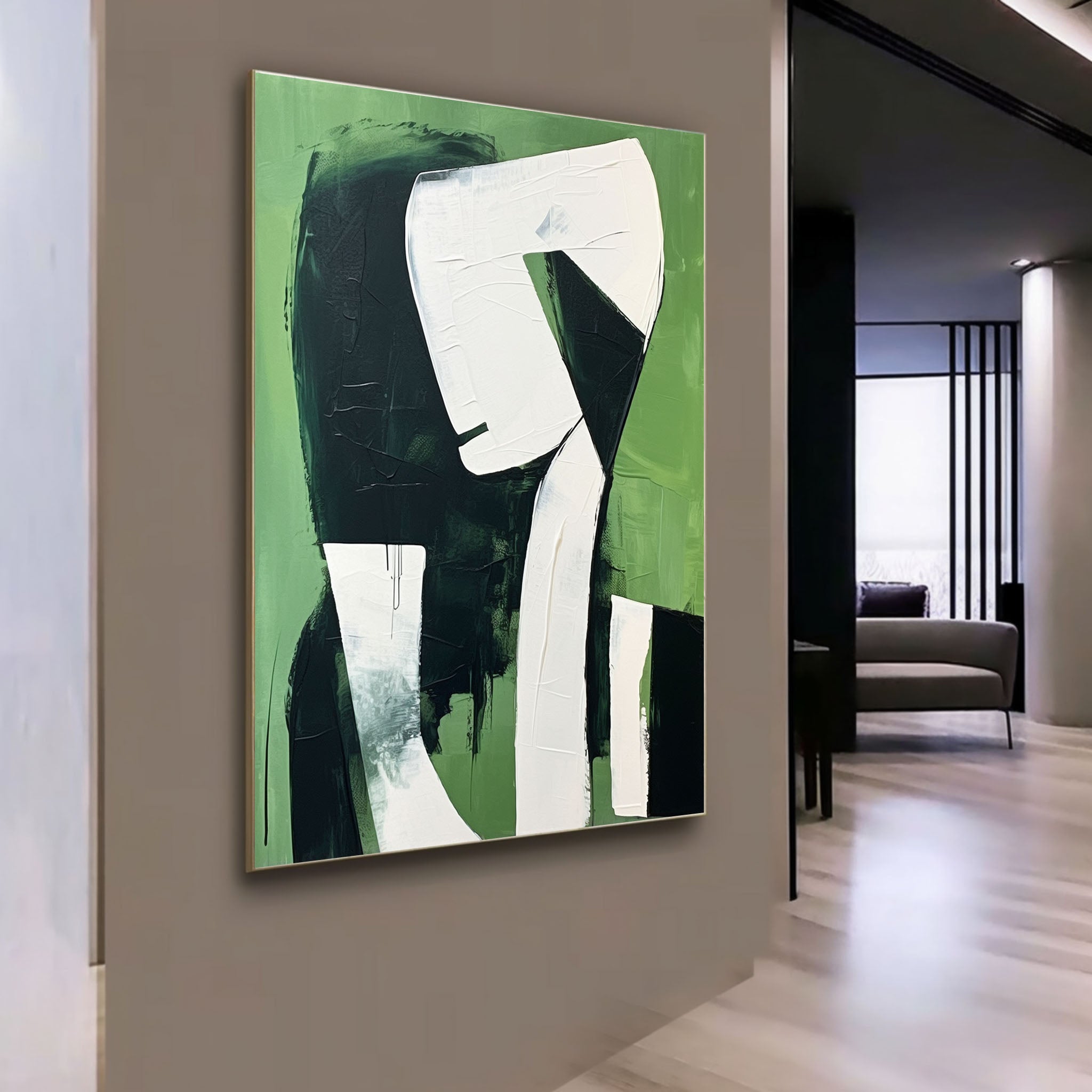 Large Green and White Contemporary Minimalist Oil Painting Original Artist Green and White Wall Art