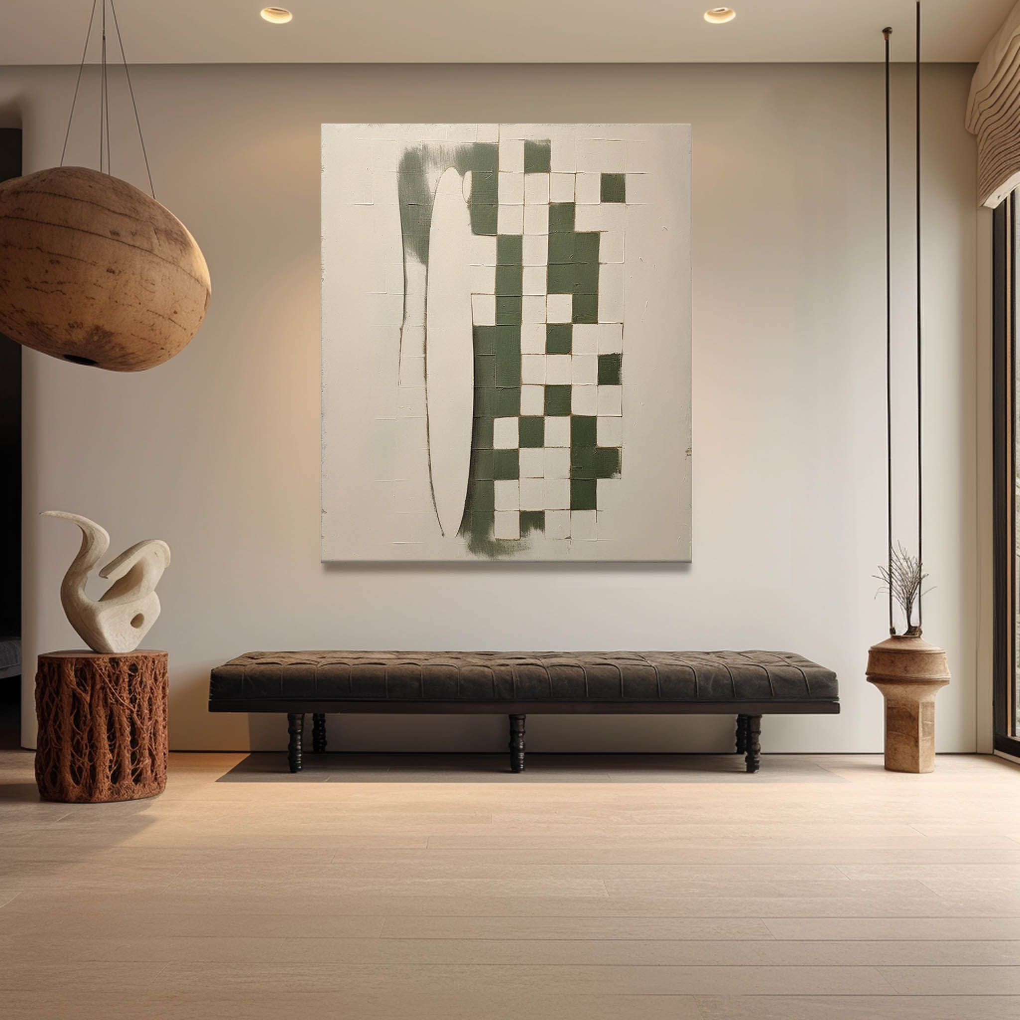 Large Beige And Green Minimalist Canvas Wall Art Wabi-Sabi Art Beige And Green Textured Painting