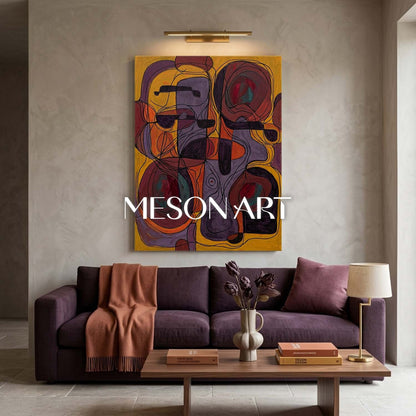 Contemporary Abstract Painting With Golden And Purple Hues For Modern Living Room Decor