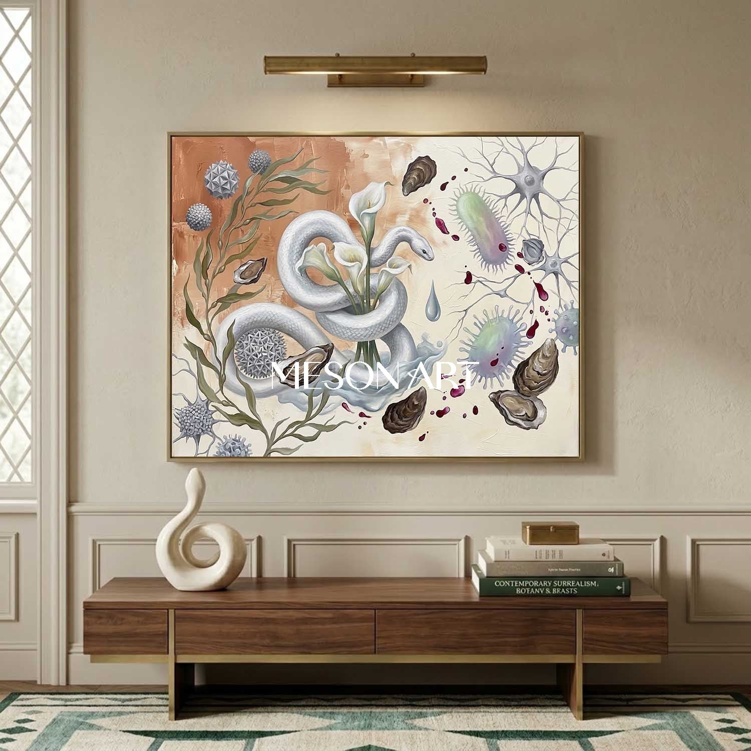 Original Bio Surrealist White Snake Oil Painting Luxury Villa Decor
