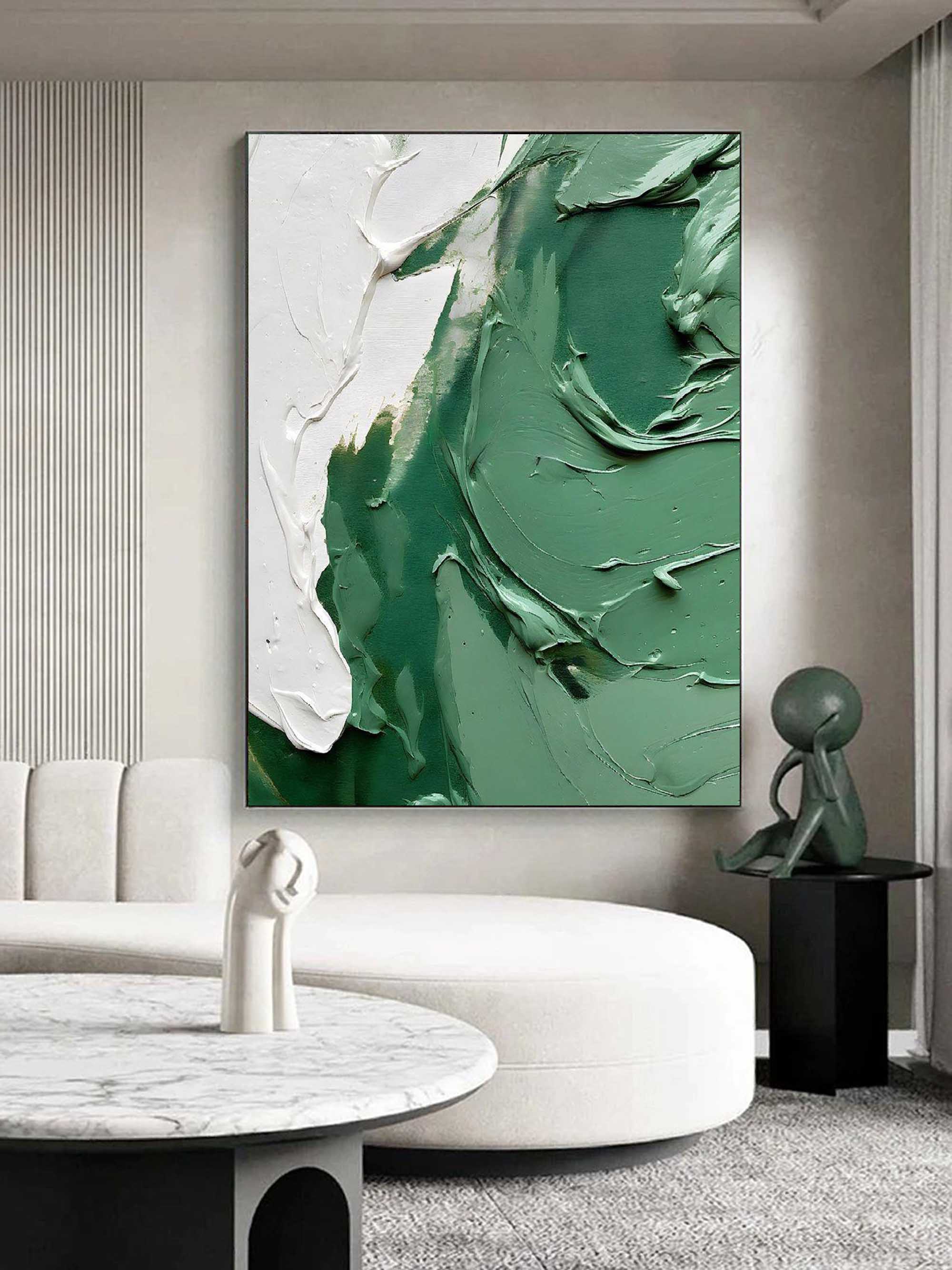 Green And White Abstract Oil Painting For Sale Green Abstract Art On Canvas Textured Wall Art