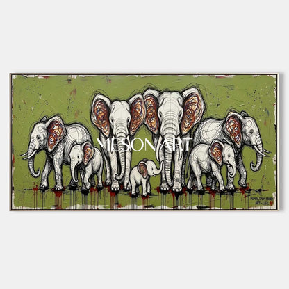 Abstract Elephant Family Oil Painting Large 3D Textured Canvas Wall Art Green Modern Home Decor