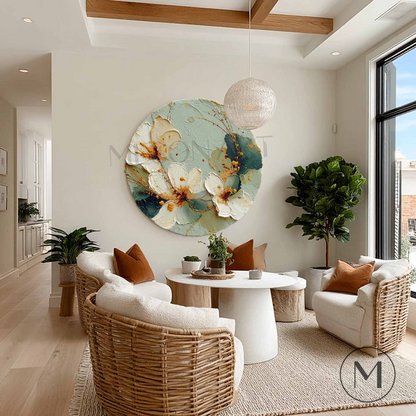 Organic Floral Round Wall Art Hand-Painted Painting Cream Petals on Textured Canvas