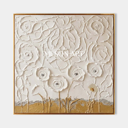 3D Textured White Flower Canvas Art | Gold Plaster Wall Decor