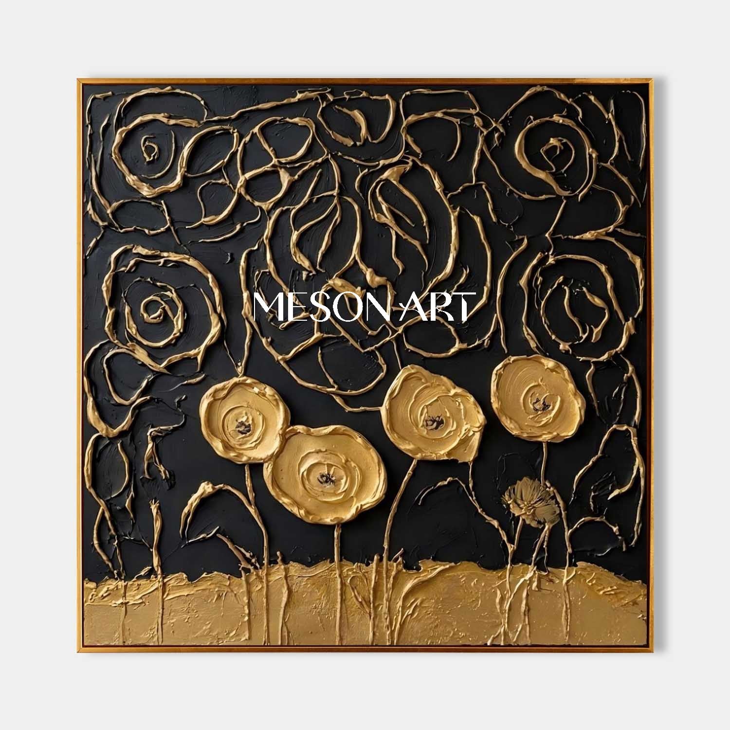 Black And Gold Abstract Rose Swirl Art | 3D Line Texture Decor