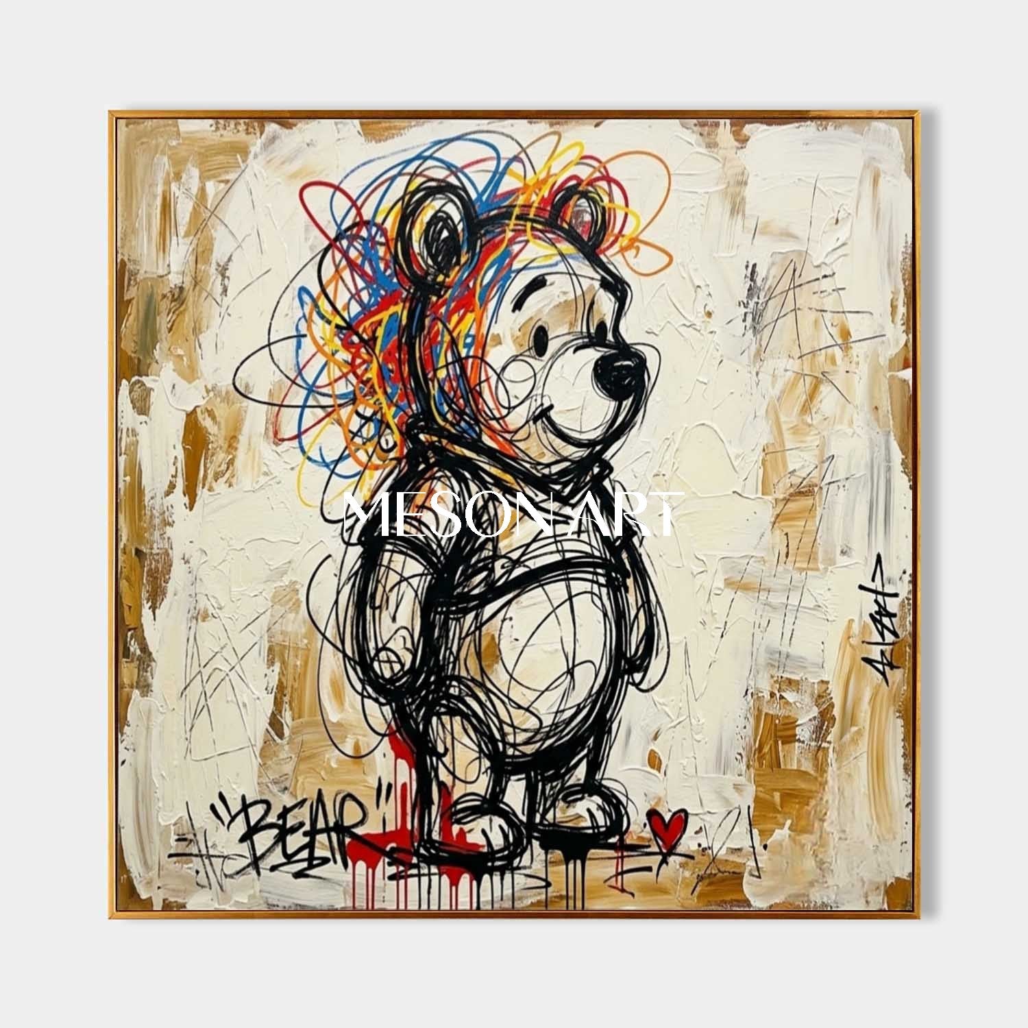 Square Hand-Painted Graffiti Bear Canvas Art | Textured Pop Art Bear | MESONART