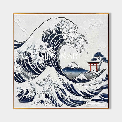 MesonArt 3D Textured Great Wave Canvas Painting - Framed Japandi Wall Art